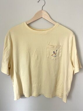 A New Day - Cropped Pale Yellow Pocket Tee with Hand Embroidered Bird – Size XL